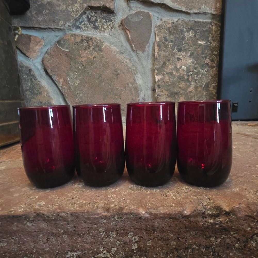 Anchor Hocking Royal Ruby Red 4 Shot Glass Tumblers Vintage 1930s Luxury Barwear